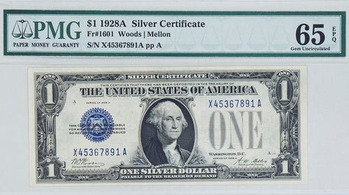 Series 1928A $1 Silver Certificate Fr#1601 PMG 65EPQ Gem Uncirculated