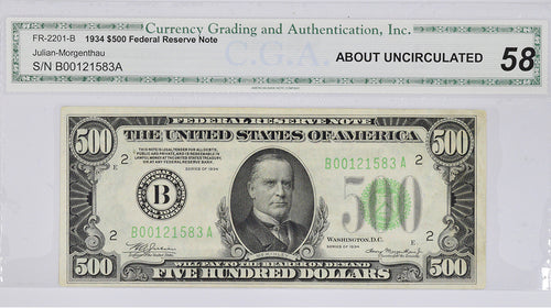 Series 1934 $500 Federal Reserve Note Fr. 2201-B C.G.A.  AU58
