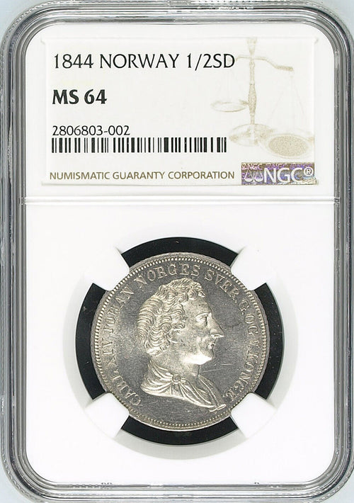 1844 Norway 1/2SD Speciedaler NGC MS64 Very Rare