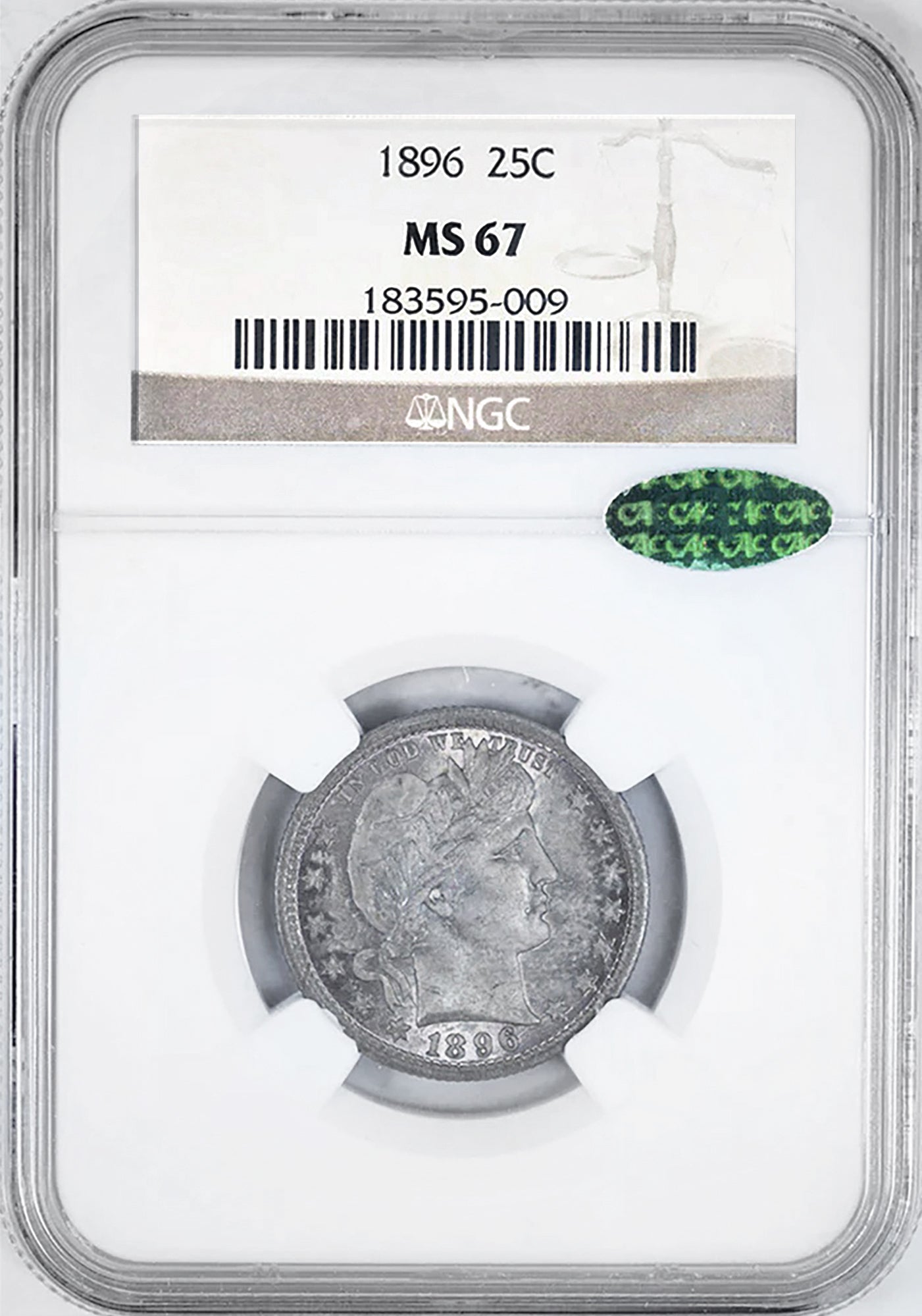 1896 25C Barber NGC MS67 CAC