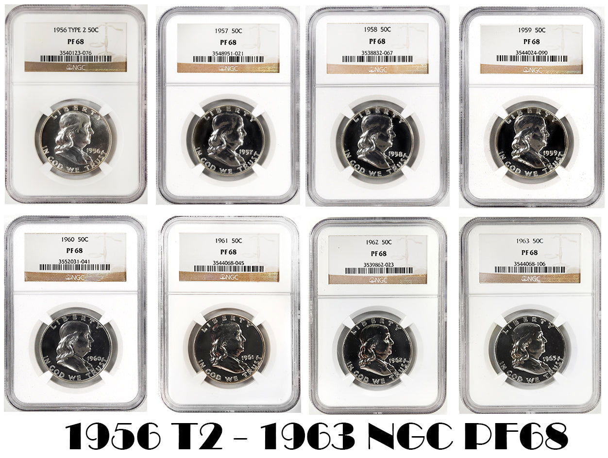 1956 Type 2 to 1963 50C Franklin Silver Proof 8-Coin Run NGC PF68