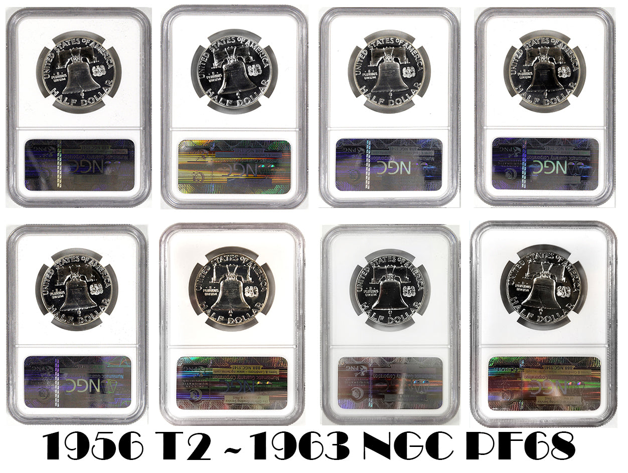 1956 Type 2 to 1963 50C Franklin Silver Proof 8-Coin Run NGC PF68