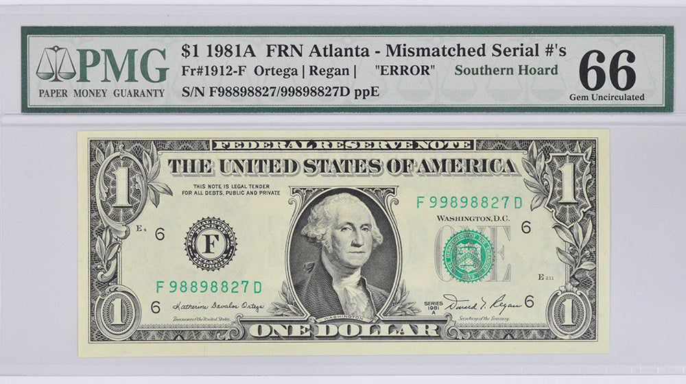 Series 1981A $1 FRN Atlanta PMG 66 Gem Unc. Mismatched Serial Number Error 998/988