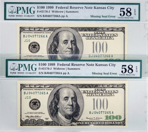 (2) Series 1999 $100 Federal Reserve Notes Kansas City "Missing Seal Error" PMG 58EPQ Fr.2176-J