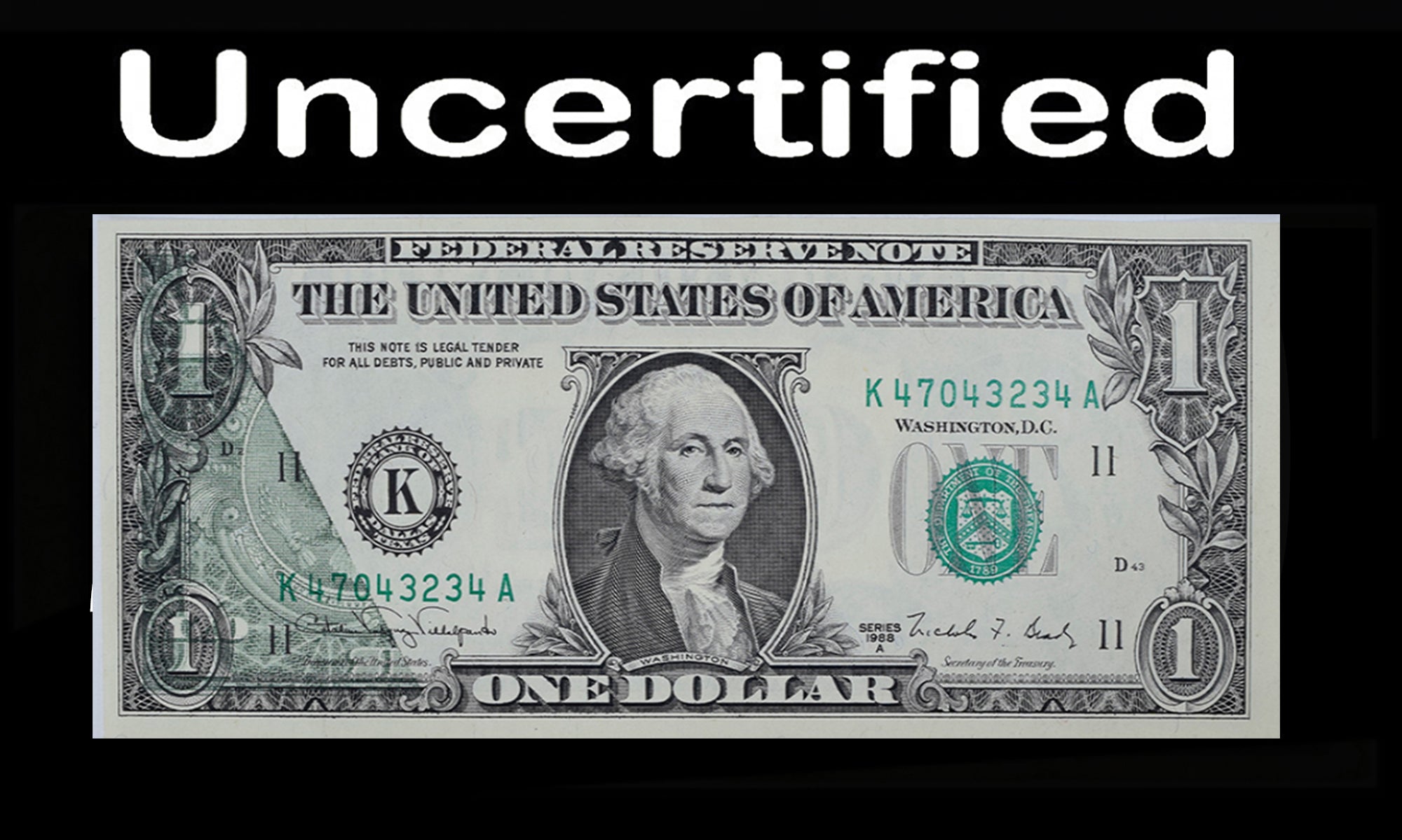 Series 1988A $1 Federal Reserve Note Partial Offset Very Pronounced Uncertified CH UNC