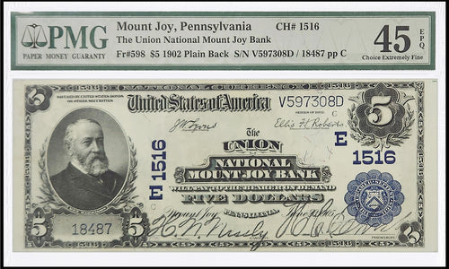 1902 $5 The Union National Mount Joy Bank, Mount Joy, PA Fr.598 CH# 1516 PMG EF45 EPQ