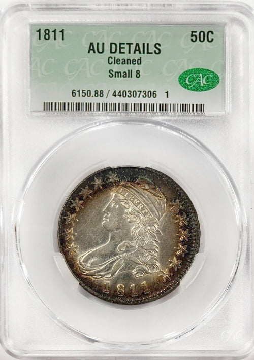 1811 50C Capped Bust Small 8 CAC AU Details Cleaned - Purchased Old Time Collection in Wayte Raymond Holders