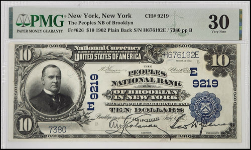 1902 $10 The Peoples NB of Brooklyn, New York, New York Fr#626 CH# 9219 PMG VF30 Pinholes