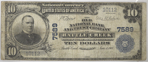 1902 $10 The Old Nat'l Bank & Trust Co. Battle Creek, Michigan CH. #7589 Fine