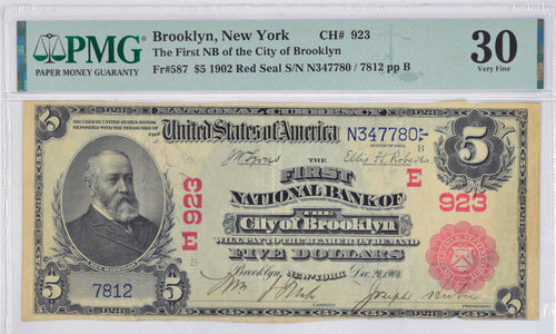 1902 $5 First National Bank Brooklyn, New York Fr#587 CH. #923 PMG VF30