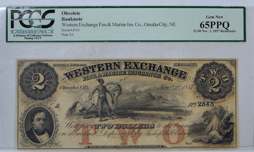 $2 Western Exchange Fire & Marine Insurance  Co. Omaha City, NE Obsolete Banknote PCGS 65PPQ