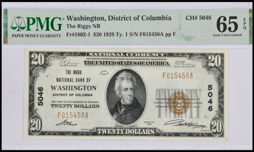 1929 $20 The Riggs NB of Washington, DC Fr. 1802-1 CH# 5046 PMG 65EPQ