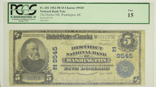 1902 $5 National Bank Note, Washington, DC Fr. #601 CH. #9545 F15