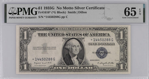 Series 1935G $1 No Motto Silver Certificate Star Note Fr#1616* PMG 65EPQ Gem Uncirculated