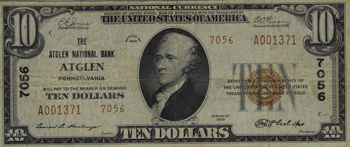 1929 $10 National Bank of Atglen, Pennsylvania CH #7056 Fine+