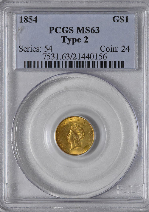 1854 $1 Type 2 Gold Small Indian Head PCGS MS63