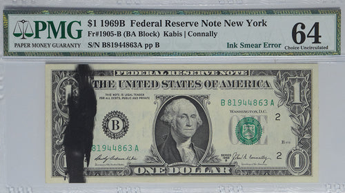 Series 1969B $1 Federal Reserve Note PMG CU64 FR#1905B Obverse Ink Smear Error