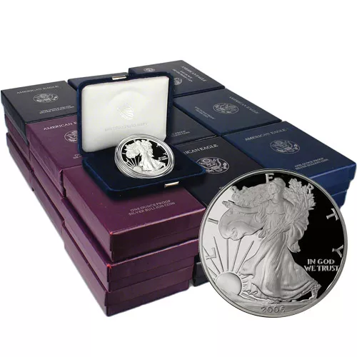 PROOF SILVER AMERICAN EAGLES WITH BOX AND PAPERS