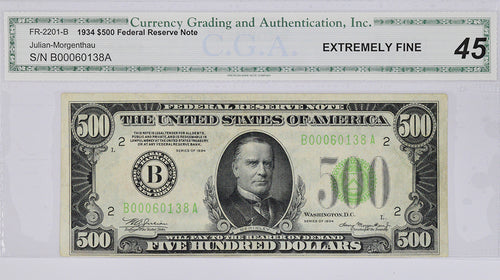 Series 1934 $500 Federal Reserve Note Fr. 2201-B C.G.A. XF45 S/N B00060138A
