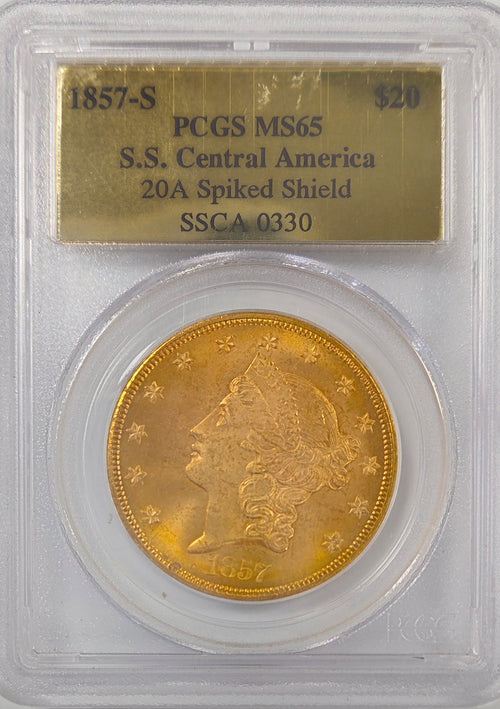 1857-S $20 Gold S.S. Central America 20A Spiked Shield PCGS MS65 SSCA 0330