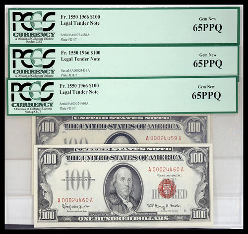 Series 1966 (3) Consecutive $100 Legal Tender Notes Fr. 1550 PCGS Gem New 65PPQ