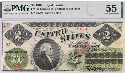 Series 1862 $2 Legal Tender Series 3-88 Fr. 41a PMG 55 About Uncirculated