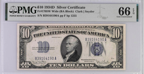 Series 1934D $10 Silver Certificate Fr. 1705W Wide PMG 66EPQ Gem Uncirculated