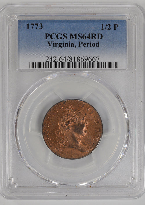 1773 1/2P With Period Virginia 1/2P With Period PCGS MS64RD