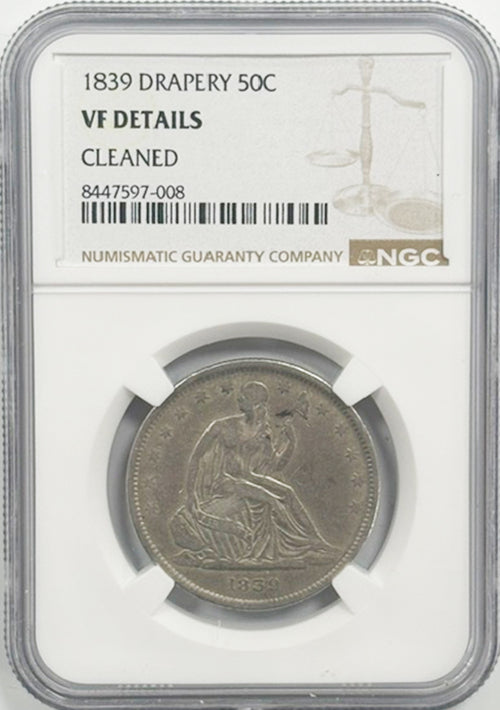 1839 Drapery 50C NGC VF Details Cleaned