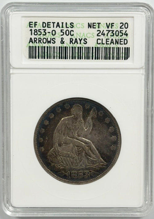 1853-O 50C ANACS EF Details Net VF 20 Arrows & Rays Cleaned