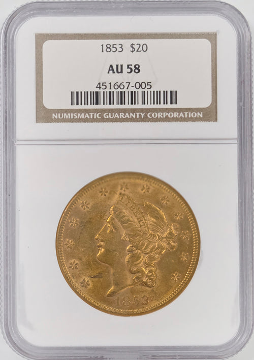 1853 $20 Gold Liberty NGC AU58