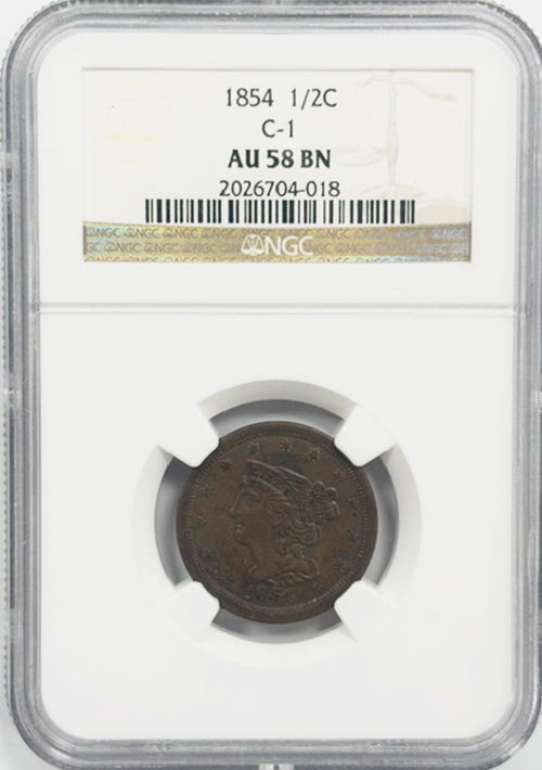 1854 1/2C C-1 NGC AU58 BN