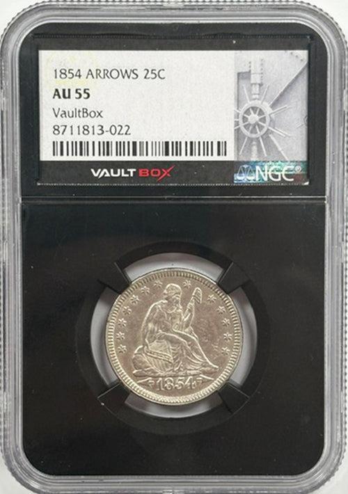 1854 Arrows 25C NGC AU55 Vaultbox
