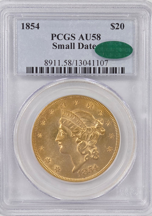 1854 $20 Gold Liberty Small Date PCGS AU58 CAC