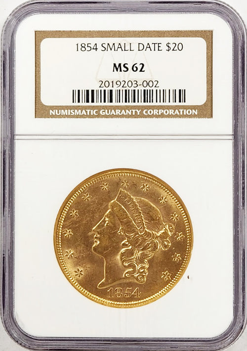 1854 $20 Gold Small Date Liberty NGC MS62