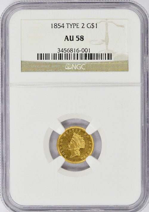 1854 $1 Type 2 Gold Small Indian Head NGC AU58