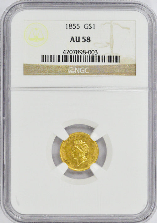 1855 $1 Type 2 Gold Small Indian Head NGC AU58