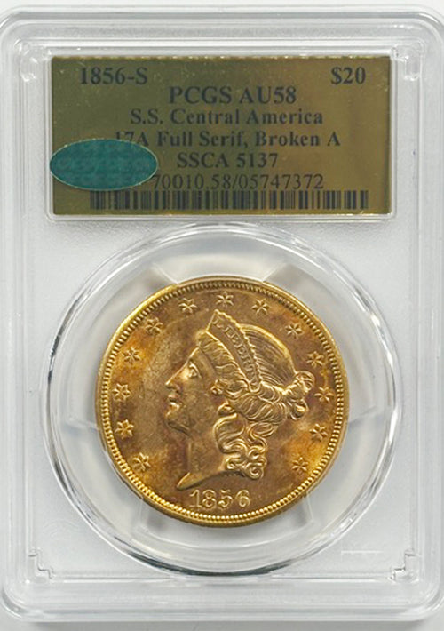 1856-S $20 PCGS CAC AU58 S.S. Central America 17a Full Serif, Broken A SSCA 5137