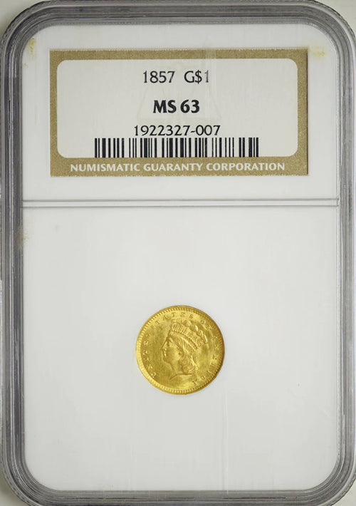 1857 $1 Gold Large Indian Head NGC MS63