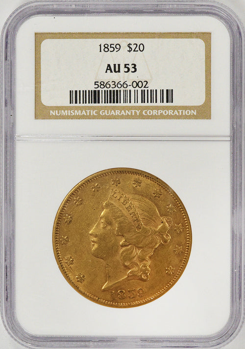 1859 $20 Gold Liberty NGC AU53