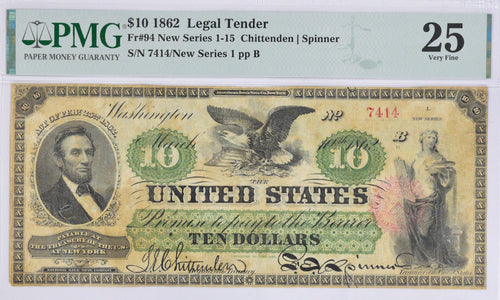Series 1862 $10 Legal Tender Fr. 94 PMG VF25
