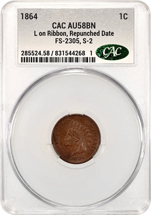 1864 1C Indian CAC AU58BN L on Ribbon, Repunched Date, FS-2305, S-2