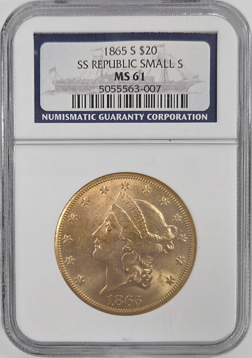 1865-S $20 Gold SS Republic Small S NGC MS61