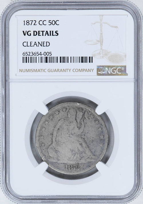 1872-CC 50C Seated Liberty NGC VG Details Cleaned