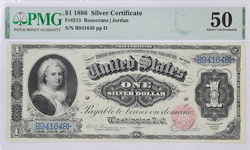 Series 1886 $1 Silver Certificate Fr.215 PMG AU50