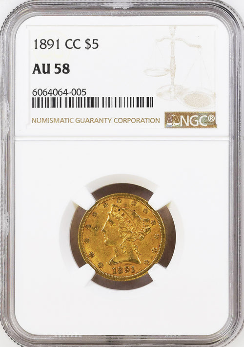 1891-CC $5 Gold Liberty NGC AU58