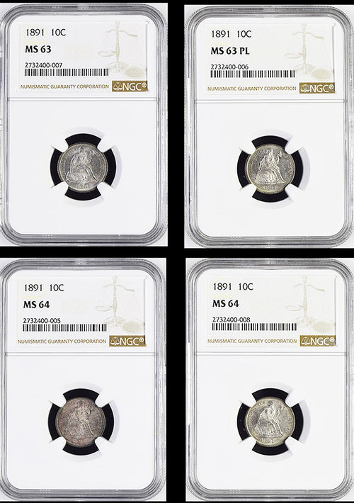 (4) 1891 10C Seated Dimes NGC MS63, MS63 P/L and MS64x2 Neat Group of 4 Coins