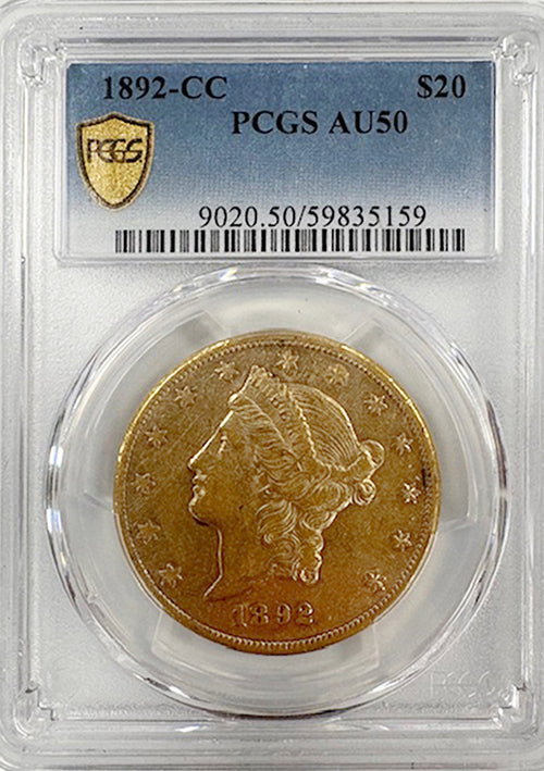 1892-CC $20 PCGS AU50