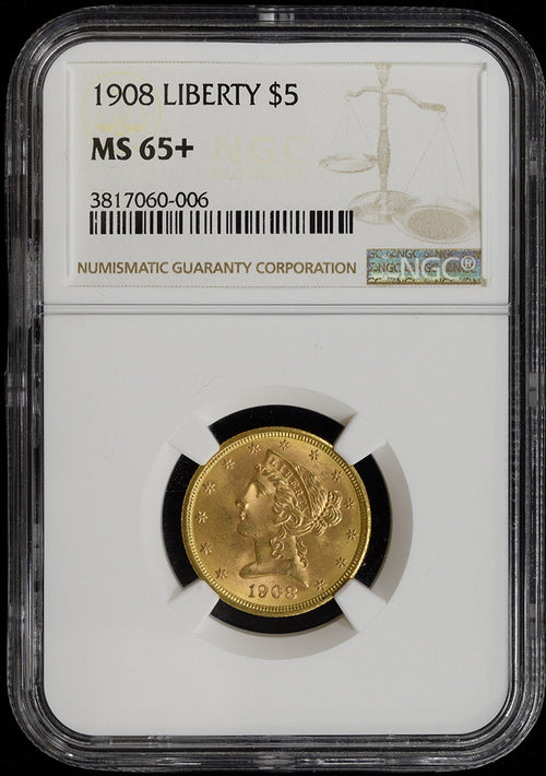 1908 $5 Gold Liberty NGC MS65+