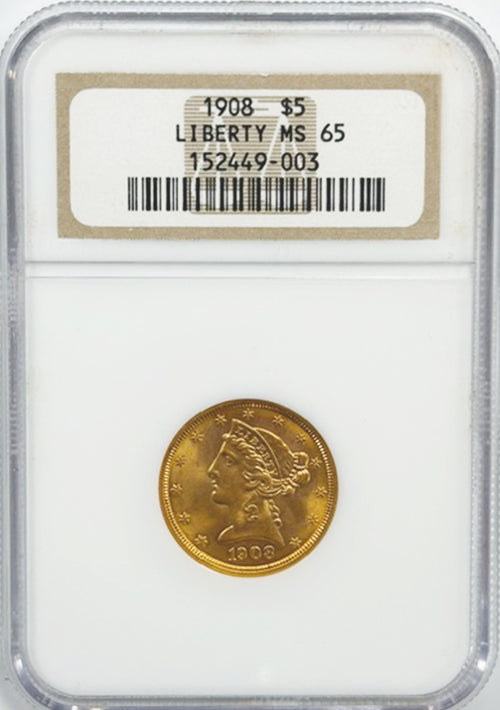 1908 $5 Liberty NGC MS65